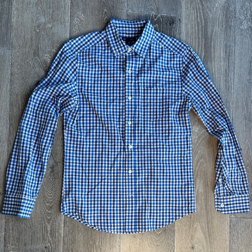 GAP Men's Checkered Blue and White Slim Fit Shirt 0422